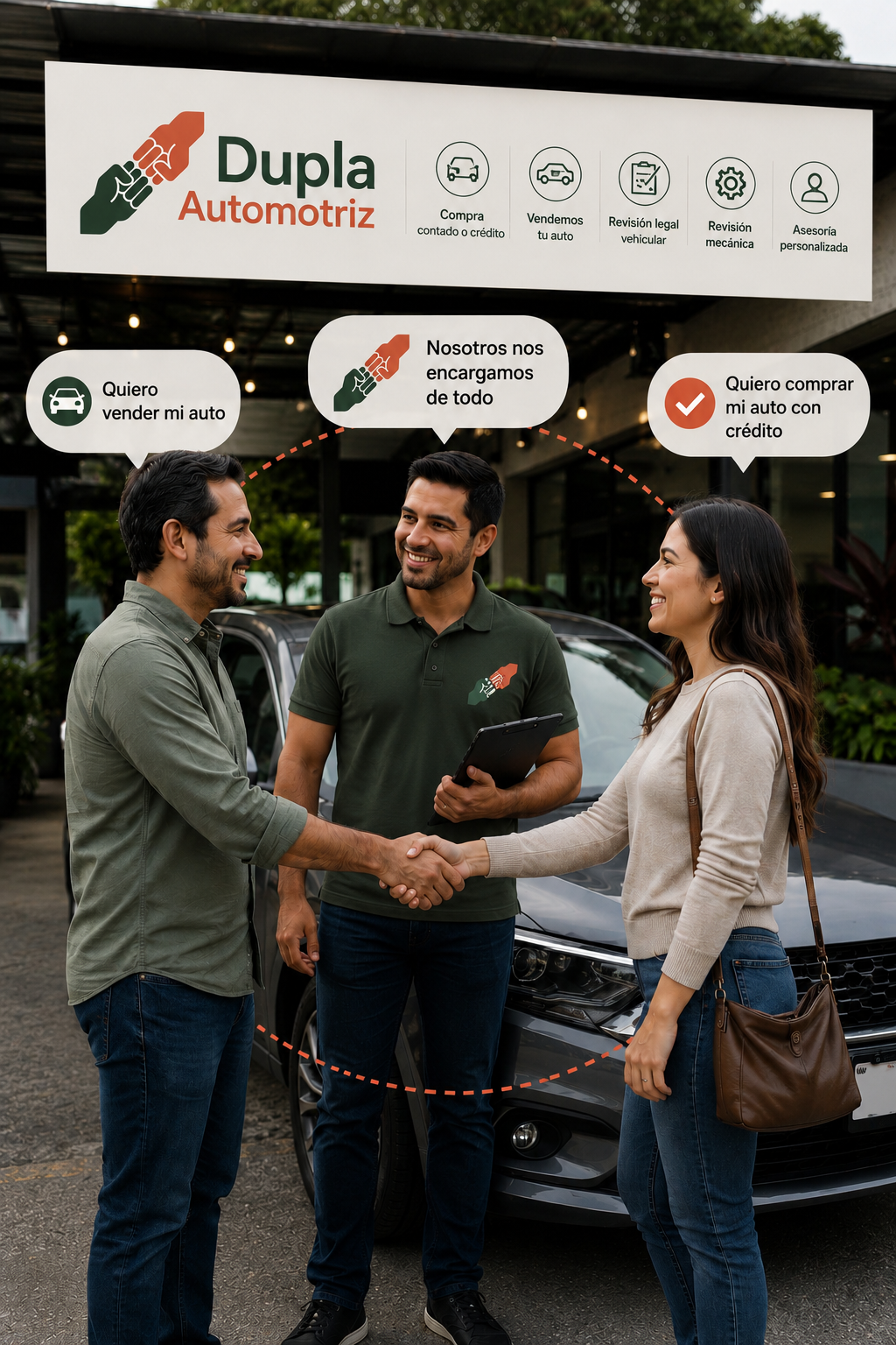Equipo La Dupla Automotriz recibiendo a un cliente frente al establecimiento